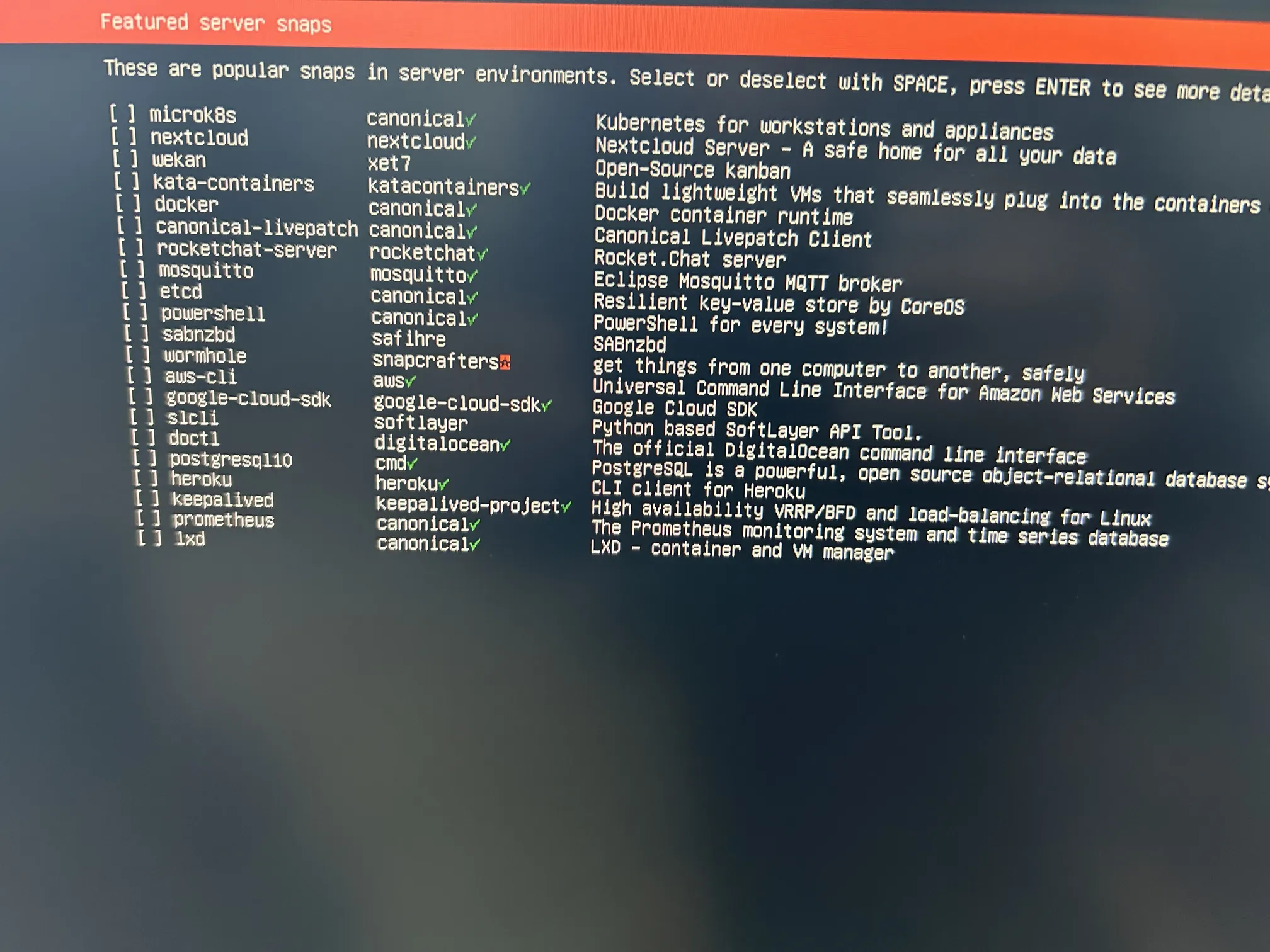 Server Snaps Installation Screen